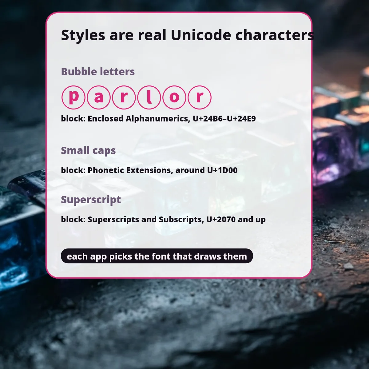 Bubble letters, small caps and superscript with the Unicode blocks they come from