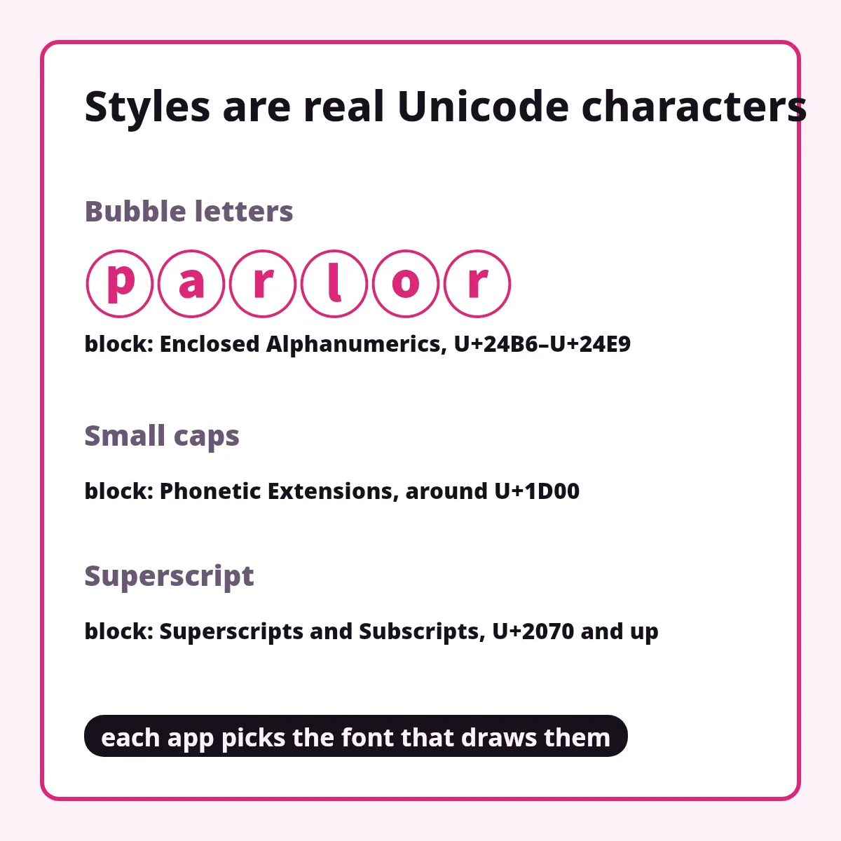 Bubble letters, small caps and superscript with the Unicode blocks they come from