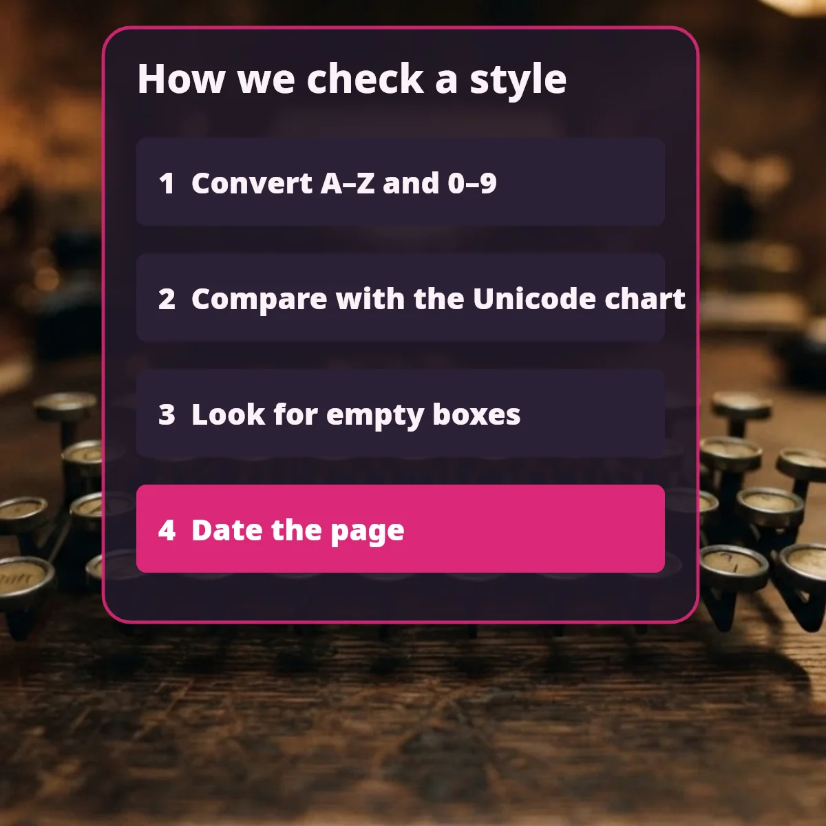 Checklist: convert A to Z and 0 to 9, compare with the Unicode chart, look for empty boxes, date the page