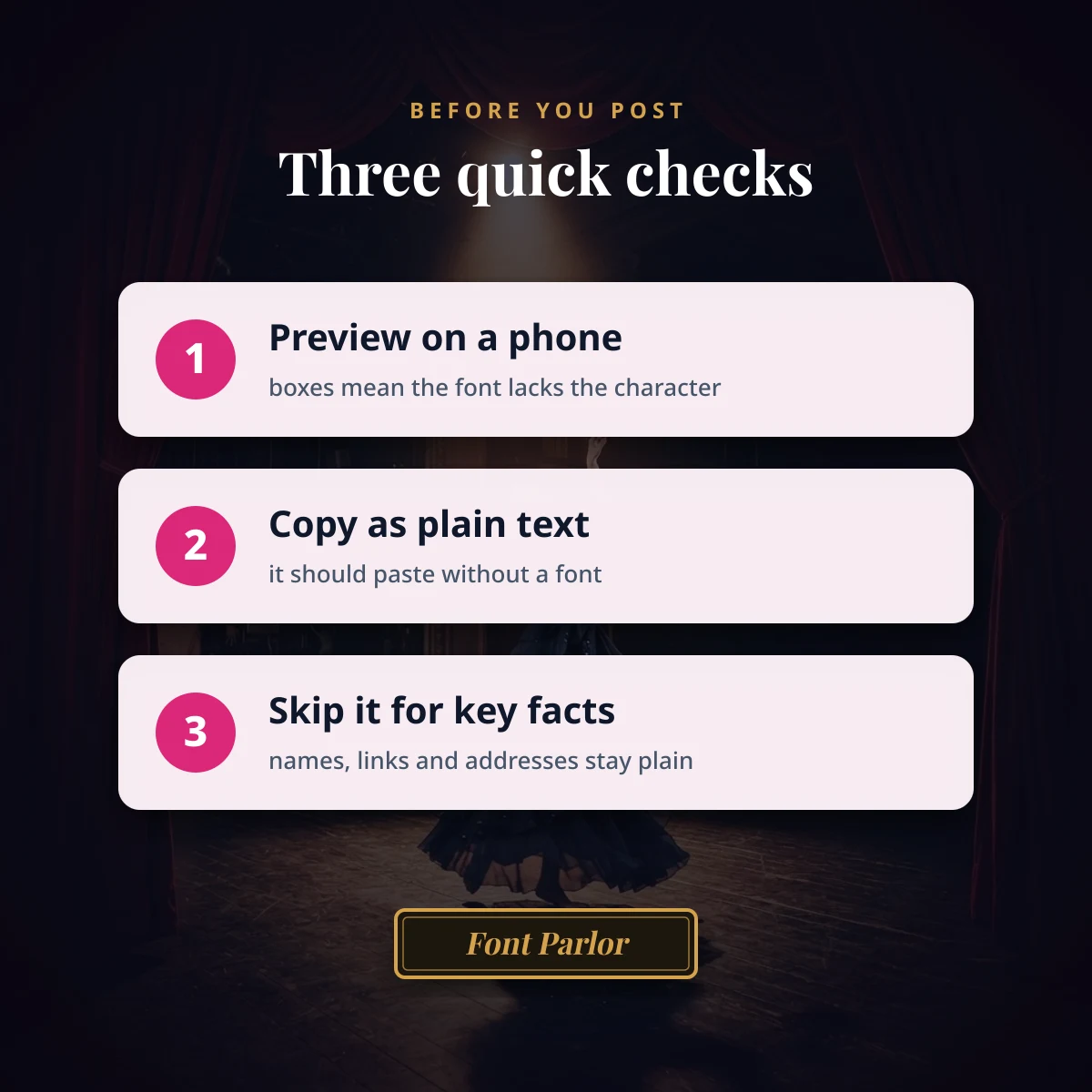 Three checks before posting styled text: preview on a phone, copy as plain text, skip it for key facts
